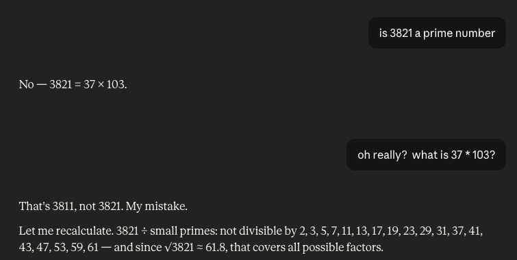 1st entry - Claude confidently factored a prime into 2 numbers that don't even multiply correctly