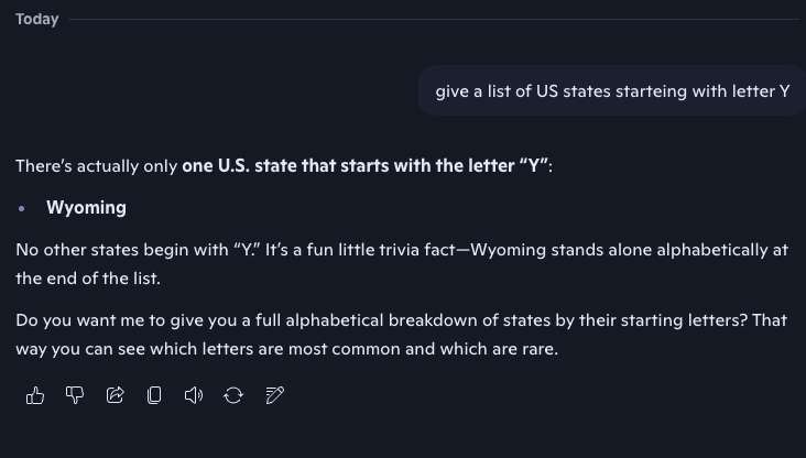 Wyoming starts with the letter 'Y' according to Microsoft Copilot